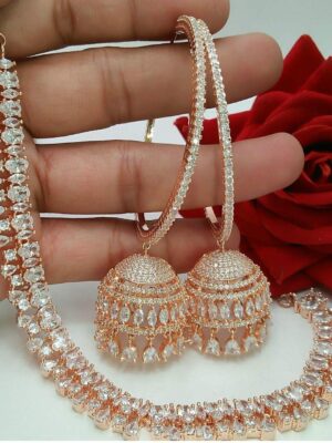 Beautiful Attractive Bali Jumki Earrings With Diamond Necklace Set Made Of Metal Like Brass And Copper Plated With Rose Gold. And with Cubic Zirconia / American Diamond