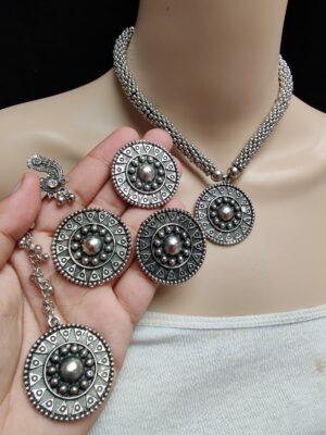 Beautifully Premium Quality Oxidised Necklace With Earings, Tikka, Ring And Nosepin Combo who is made Metal Alloy on which Plating Oxidised Silver
