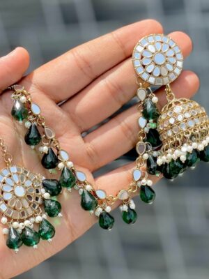 British green earrings with beautiful tika made of kundan beads and the material is alloy